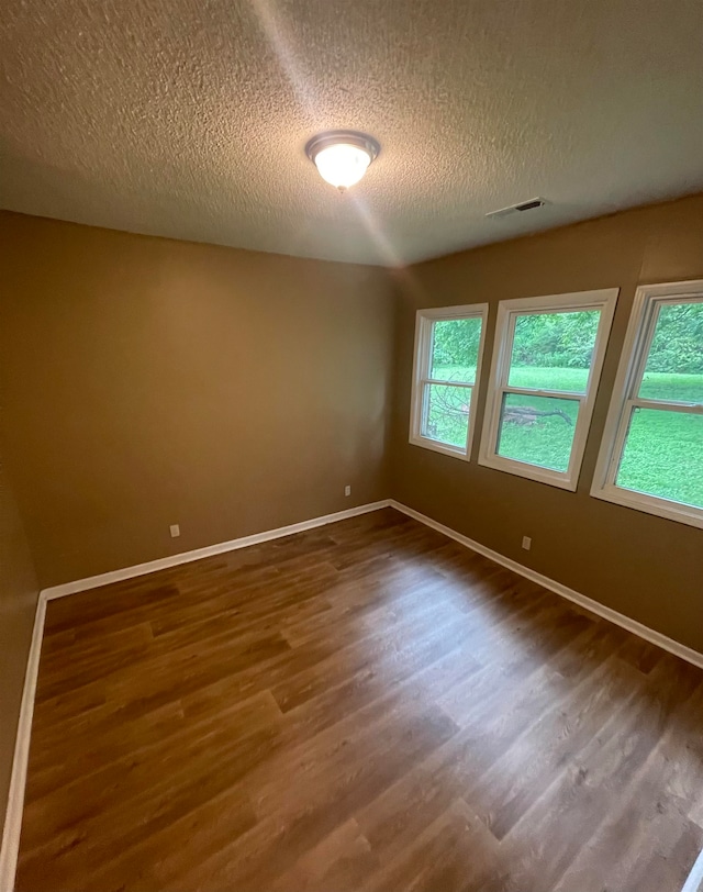 unfurnished room with plenty of natural light, wood-type flooring, and a textured ceiling