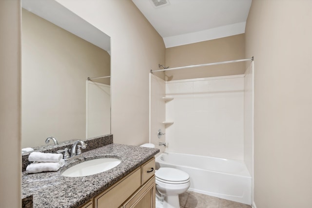 full bathroom featuring shower / bathing tub combination, vanity, toilet, and tile patterned flooring