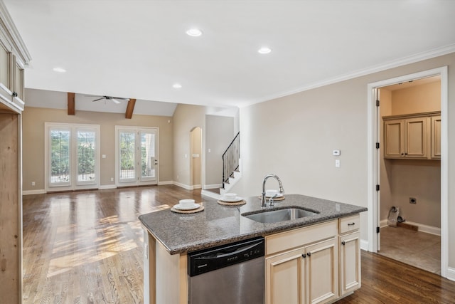 kitchen with a center island with sink, stainless steel dishwasher, dark hardwood / wood-style floors, and sink