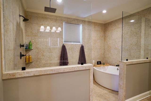 bathroom with ornamental molding, separate shower and tub, and tile walls