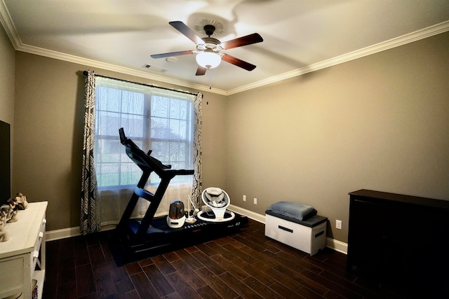 exercise room with ceiling fan and ornamental molding