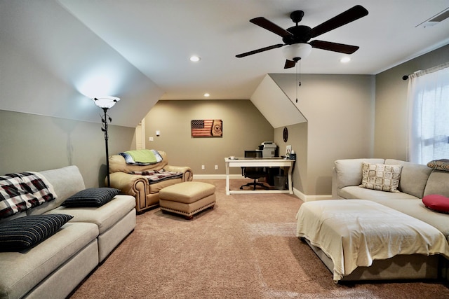 living room featuring vaulted ceiling, light carpet, and ceiling fan