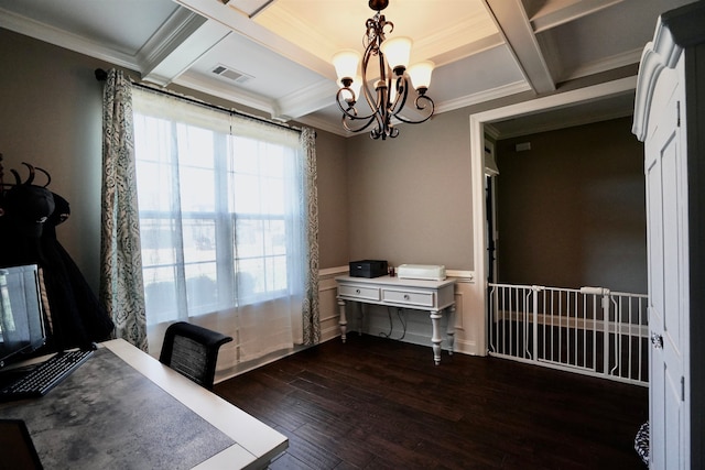 office space featuring coffered ceiling, crown molding, dark hardwood / wood-style floors, and beamed ceiling