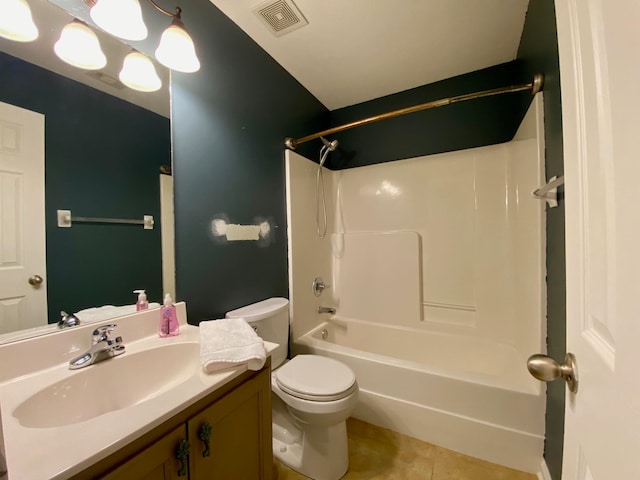 full bathroom with toilet, shower / tub combination, vanity, and tile patterned floors