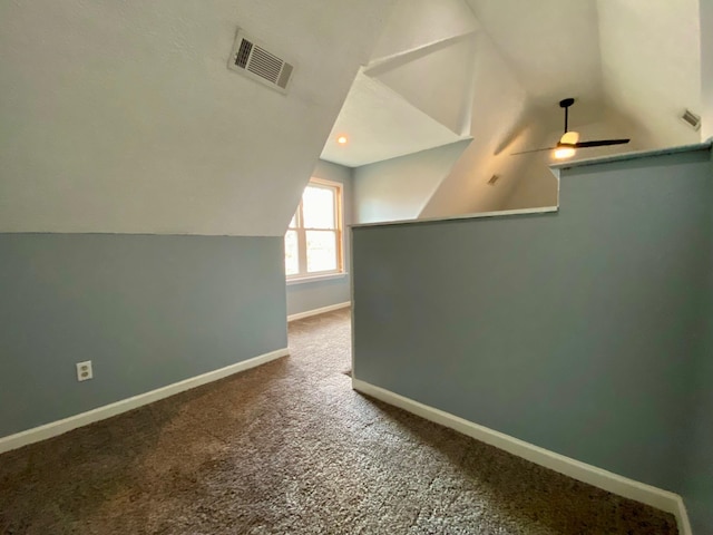 bonus room featuring ceiling fan, lofted ceiling, and carpet floors