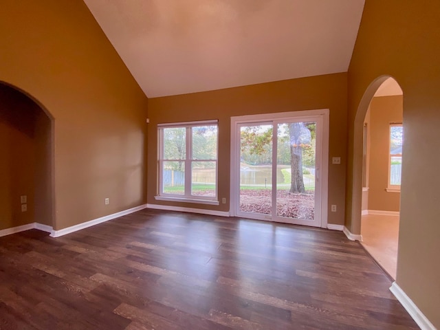 spare room with high vaulted ceiling and dark wood-type flooring