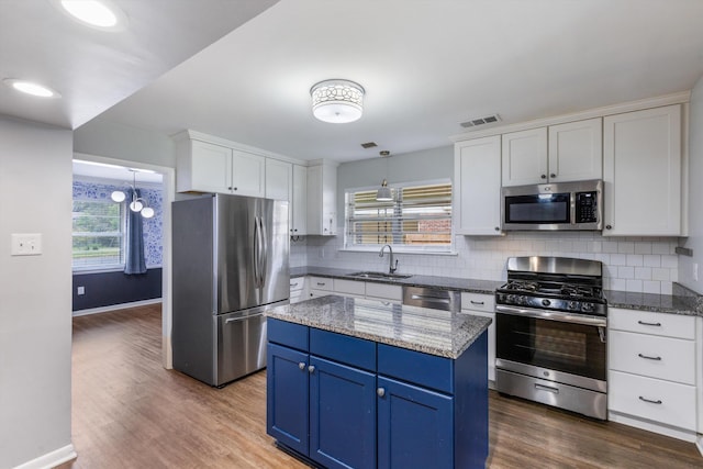 kitchen with a wealth of natural light, a kitchen island, sink, and appliances with stainless steel finishes