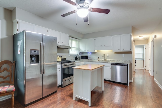 993 Greenview Rd, Collierville, TN 38017 - kitchen with appliances with stainless steel finishes, under cabinet range hood, white cabinetry, and dark wood-style flooring