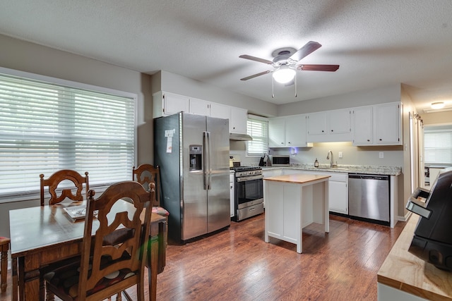 kitchen with sink, dark hardwood / wood-style floors, a textured ceiling, appliances with stainless steel finishes, and white cabinetry