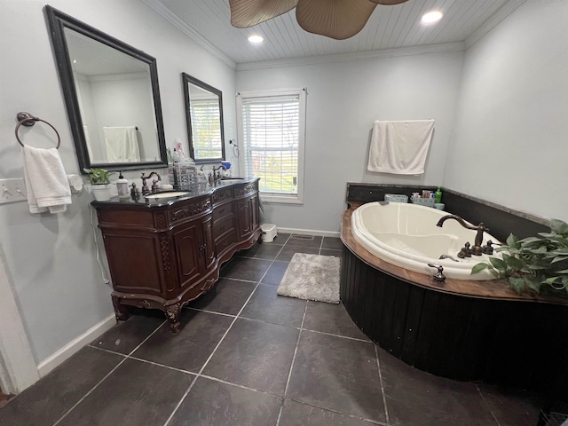 bathroom with tile patterned flooring, vanity, ceiling fan, and ornamental molding