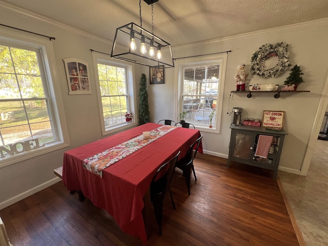 dining area with a textured ceiling, dark hardwood / wood-style floors, and crown molding