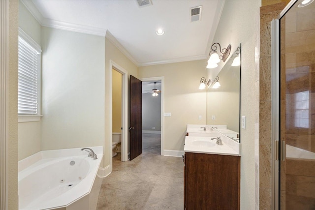 full bathroom with tile patterned flooring, crown molding, toilet, vanity, and independent shower and bath