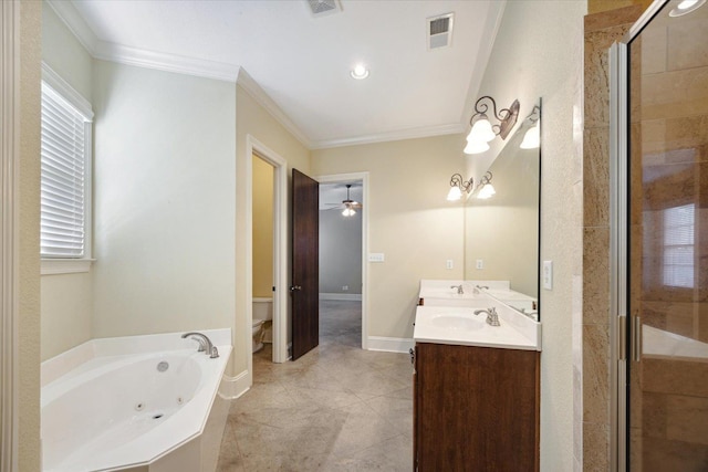 258 S Mclean Blvd, Memphis, TN 38104 - bathroom featuring toilet, a tub with jets, double vanity, crown molding, and a shower stall