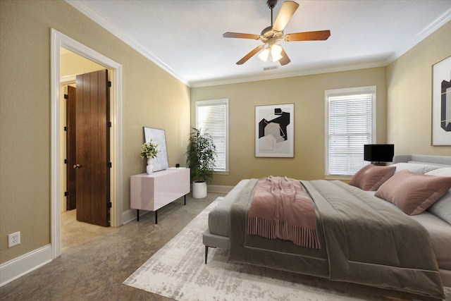 bedroom with ceiling fan, carpet floors, and ornamental molding