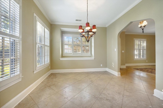 unfurnished dining area featuring light tile patterned floors, ornamental molding, and an inviting chandelier