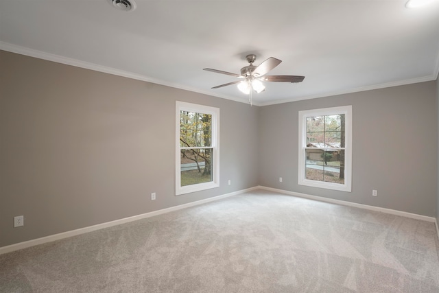 empty room with carpet flooring, ceiling fan, and ornamental molding