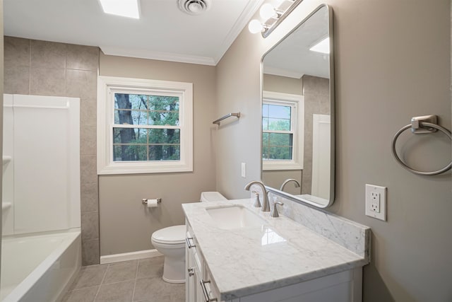 full bathroom featuring tile patterned floors, crown molding, vanity, and a healthy amount of sunlight