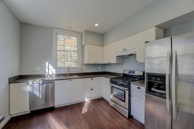 kitchen featuring white cabinets, sink, dark hardwood / wood-style flooring, and stainless steel appliances