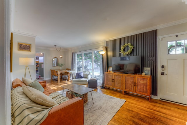 living room featuring light wood-type flooring, plenty of natural light, and crown molding