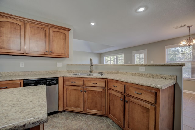 kitchen with sink, decorative light fixtures, stainless steel dishwasher, light tile patterned floors, and a notable chandelier