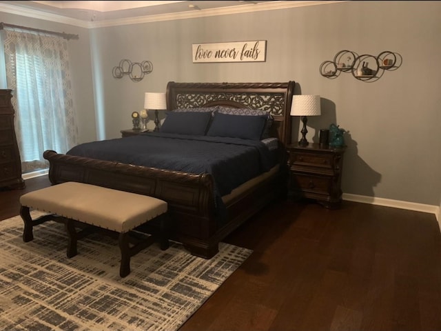 bedroom featuring wood-type flooring and crown molding