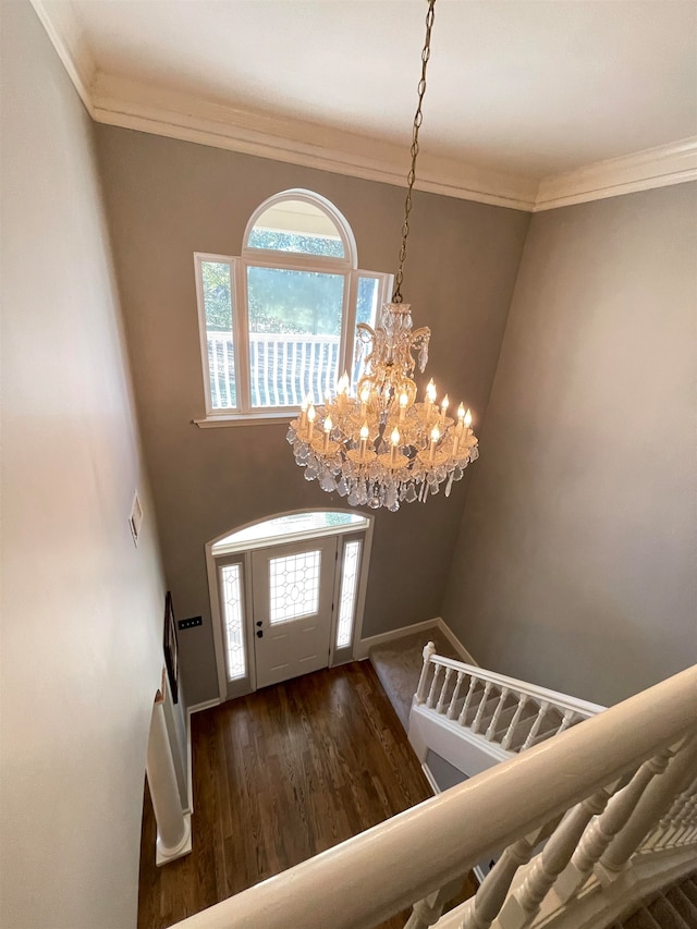 entrance foyer with a notable chandelier, dark hardwood / wood-style flooring, and ornamental molding