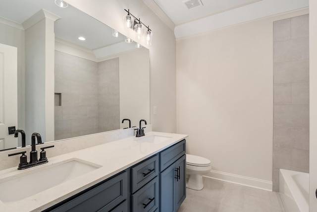 full bathroom with vanity, crown molding, independent shower and bath, tile patterned flooring, and toilet