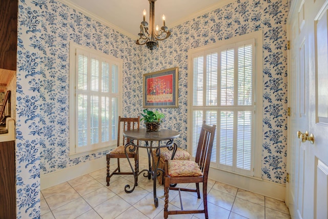 dining area featuring light tile patterned floors, an inviting chandelier, and crown molding