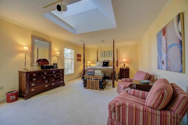 carpeted bedroom featuring crown molding