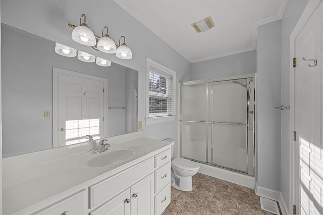 6 Laura Ln, Iuka, MS 38852 - bathroom with vanity, a healthy amount of sunlight, crown molding, and walk in shower