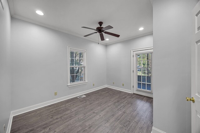 6 Laura Ln, Iuka, MS 38852 - unfurnished room with ceiling fan, dark hardwood / wood-style flooring, and crown molding