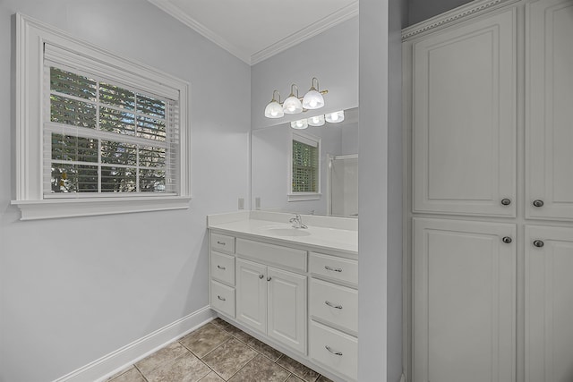6 Laura Ln, Iuka, MS 38852 - bathroom featuring crown molding, tile patterned flooring, vanity, and a healthy amount of sunlight