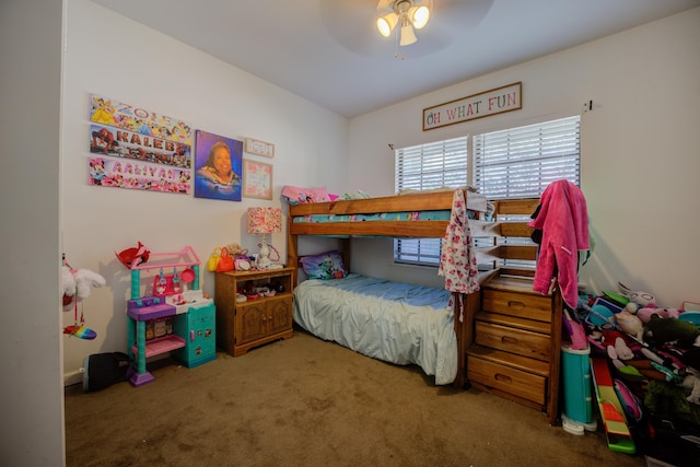 bedroom with ceiling fan and carpet floors