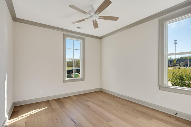 empty room with a wealth of natural light, light hardwood / wood-style flooring, and ceiling fan