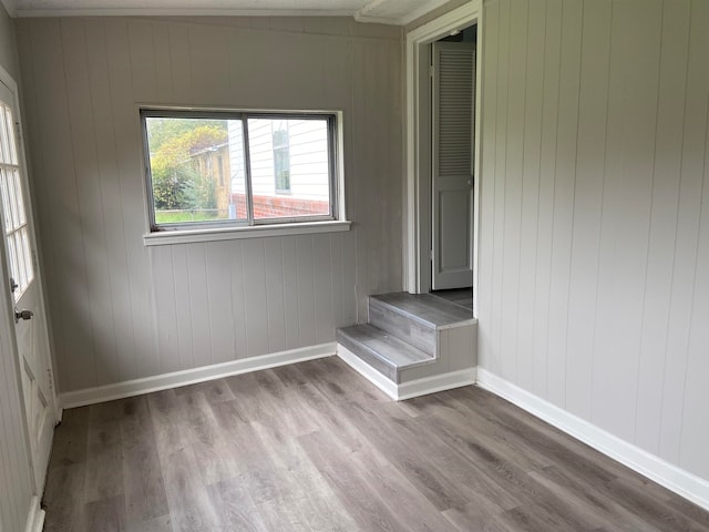 spare room featuring wood walls and light hardwood / wood-style flooring