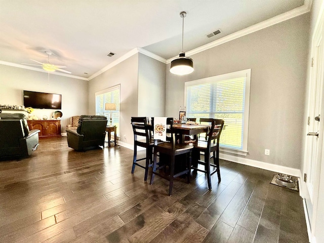 dining room featuring ceiling fan, dark hardwood / wood-style flooring, and crown molding