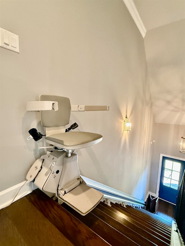 office area with hardwood / wood-style floors and ornamental molding