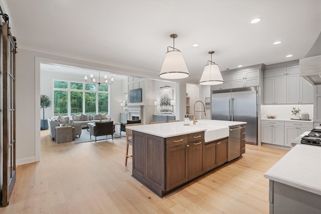 kitchen featuring stainless steel appliances, an island with sink, pendant lighting, and light hardwood / wood-style floors