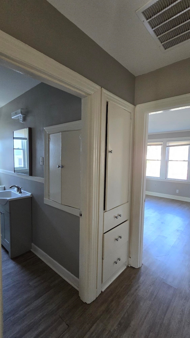 corridor with dark hardwood / wood-style floors, sink, and a wealth of natural light