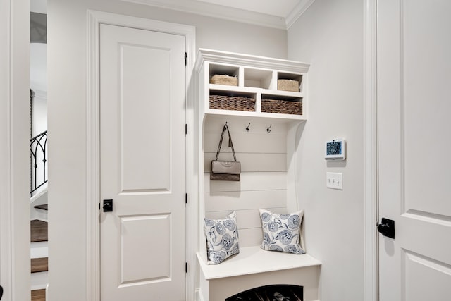 mudroom featuring crown molding