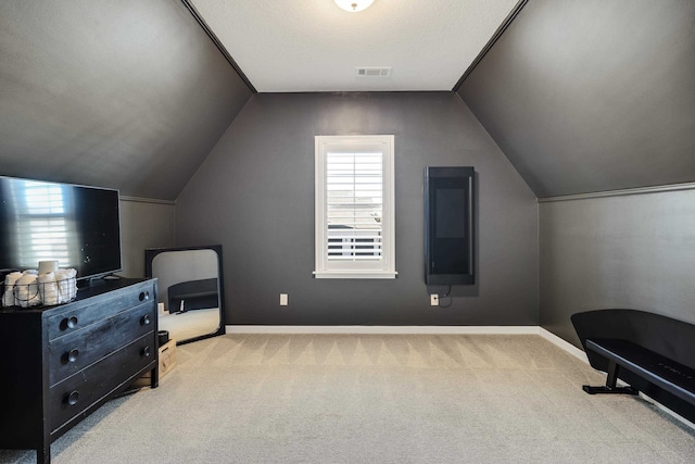 bonus room with light colored carpet, a textured ceiling, and vaulted ceiling