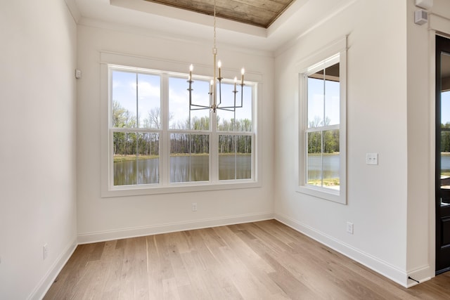 520 Valley Forge Ln, Rossville, TN 38066 - unfurnished dining area featuring a chandelier, wood finished floors, baseboards, a water view, and a raised ceiling
