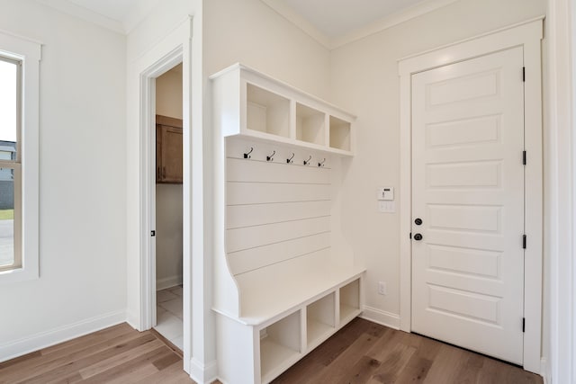 mudroom featuring hardwood / wood-style floors and crown molding