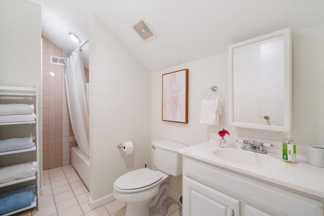 full bathroom with shower / tub combo, vanity, tile patterned flooring, toilet, and lofted ceiling