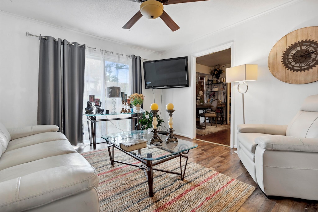 living room featuring hardwood / wood-style floors, ceiling fan, and ornamental molding