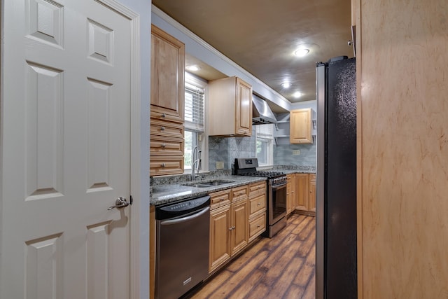 kitchen with tasteful backsplash, stainless steel appliances, dark wood-type flooring, sink, and light brown cabinets