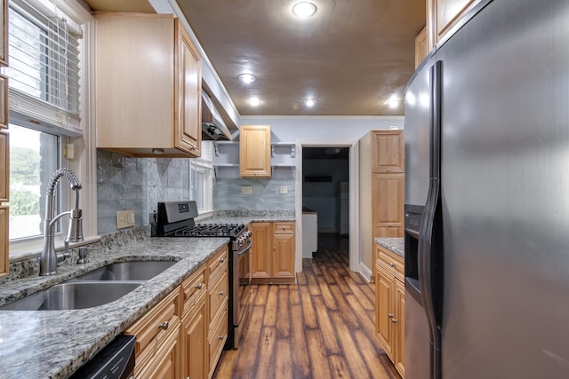 kitchen featuring light stone countertops, tasteful backsplash, stainless steel appliances, dark wood-type flooring, and sink