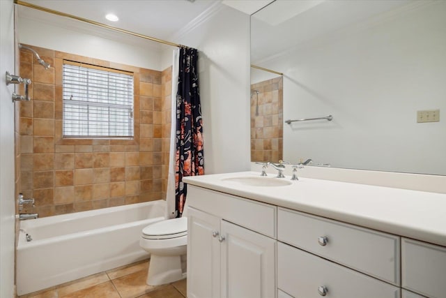 full bathroom featuring tile patterned floors, toilet, shower / tub combo with curtain, vanity, and ornamental molding