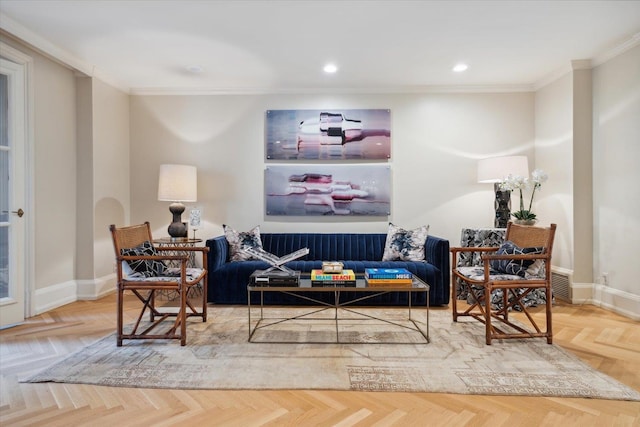 living area with crown molding and parquet floors