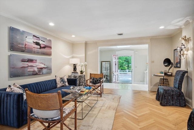 living room featuring parquet floors and ornamental molding